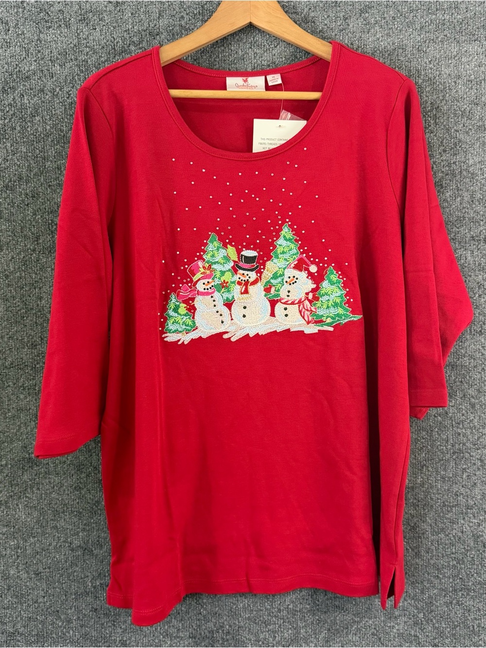 Quacker Factory Womens 1X Top 3/4 Sleeve Red Christmas Snowmen Holiday Festive